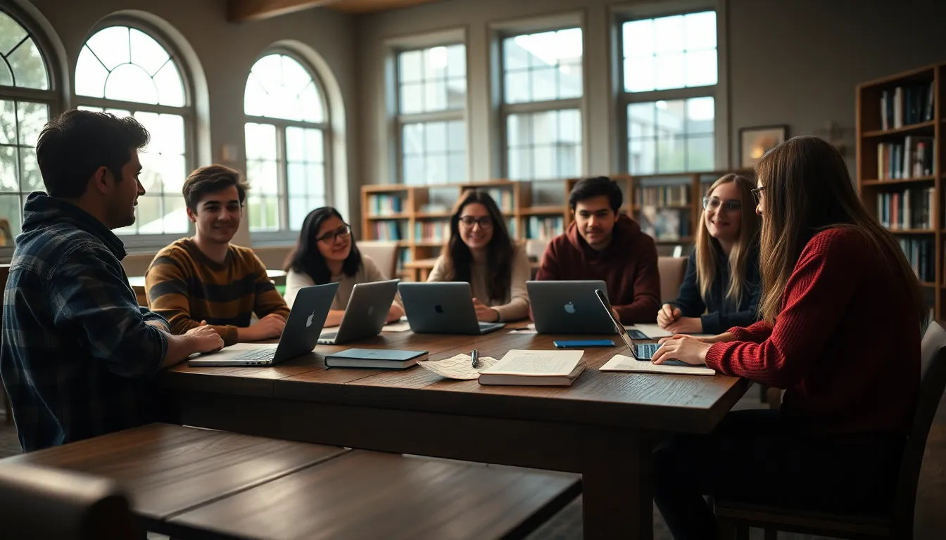 This photorealistic image depicts a diverse study group engaged in an animated discussion in a cozy library setting. Sunlight spills through large windows, casting warm ambient light on the weathered oak table cluttered with notebooks and laptops. The students, representing various ethnicities, share ideas and insights, immersed in their studies. The natural muted tones create an inviting and focused atmosphere, perfect for educational pursuits.