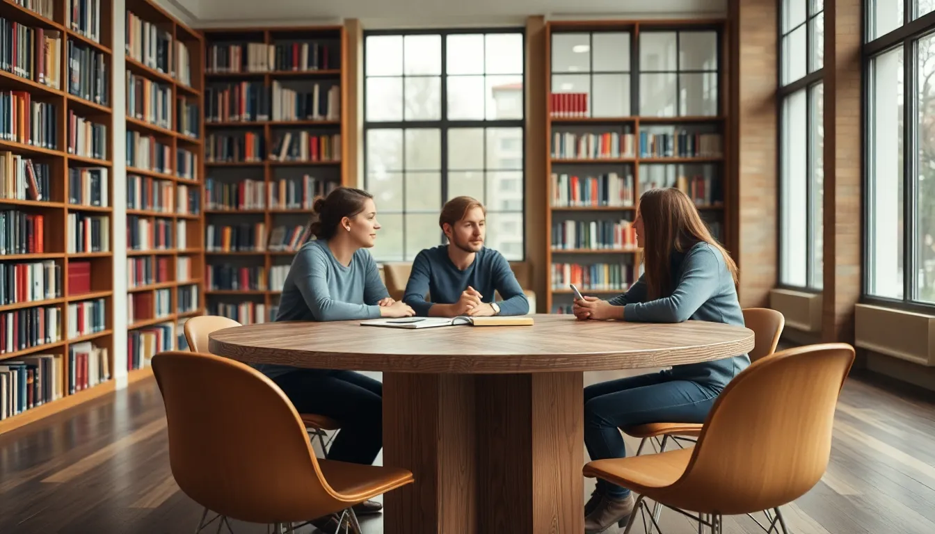 A vibrant study group scene features three diverse students engaged in lively discussion around a round wooden table. The soft, diffused lighting from the large windows adds warmth, illuminating their expressive faces and the surrounding bookshelves. The composition highlights the diversity and focus of the students, with the natural colors enhancing the inviting atmosphere of this educational setting.