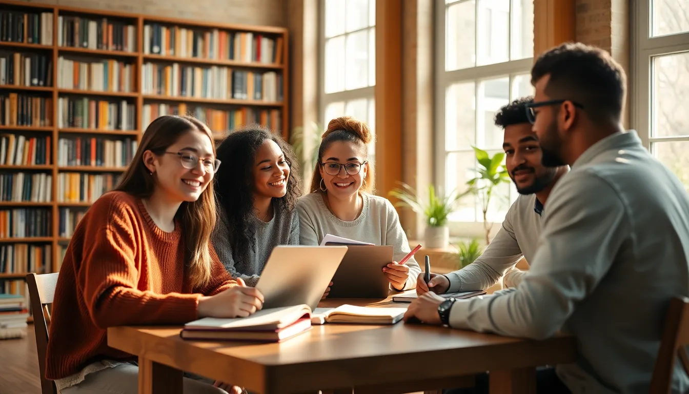 Diverse Study Group Collaborating Indoors A diverse group of five students gathers around a wooden table in a sunlit room filled with books, actively collaborating on their studies. Soft diffused daylight creates a warm and inviting atmosphere, emphasizing the shared enthusiasm for learning. The students are focused on their notebooks and laptops, with natural textures adding warmth to the scene. This engaging composition captures the essence of teamwork and academic collaboration.