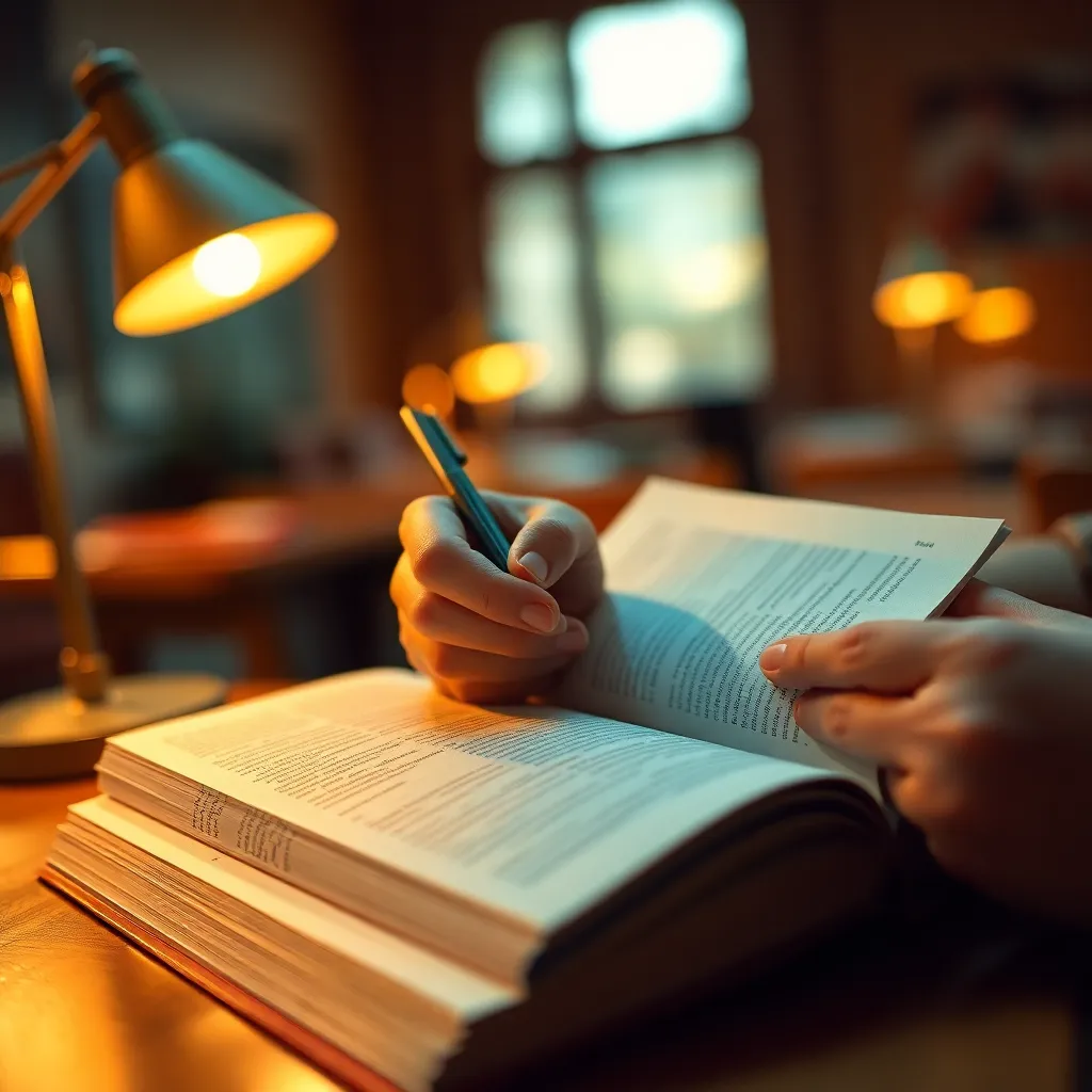 This intimate close-up features a student’s hands delicately highlighting text in their notes, illuminated by the warm glow of tungsten lamps. The meticulous detail of the books and papers contrasts beautifully against the soft bokeh backdrop. The warm color palette and intimate composition create a cozy and focused studying environment, inviting the viewer to appreciate the dedication to learning.