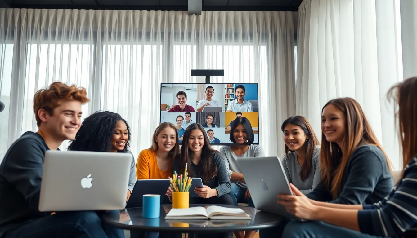 In this contemporary image, a diverse group of students is participating in a virtual study session over a video call. The soft, even lighting from the overcast day enhances the comfort of their modern room, while the hyperfocal depth of field showcases every detail, from their focused expressions to the technology they use. The muted tones create a professional yet relaxed atmosphere, emphasizing the collaboration that technology allows for modern education.