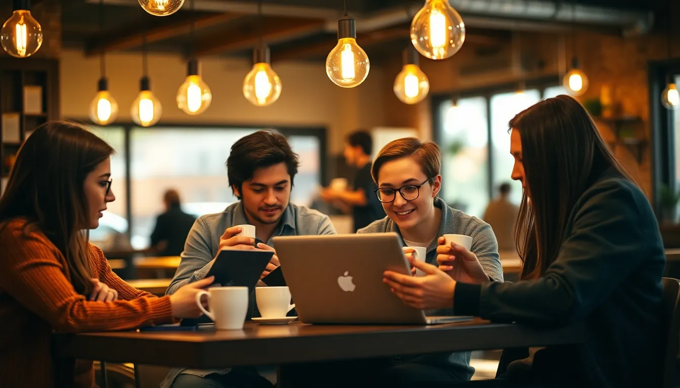 Study Group Deep in Discussion at Coffee Shop In a cozy coffee shop, four students are gathered around a table, fully absorbed in their lively discussion. The warm light from hanging bulbs enhances the inviting atmosphere as they share ideas over their laptops. With rich coffee tones and colorful accents from their attire and study materials, the scene exudes a blend of focus and creativity. The thoughtful composition draws attention to their interaction, making it a perfect study group depiction.