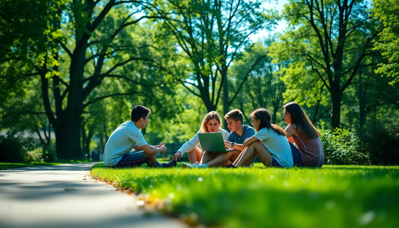 This lively outdoor scene shows a group of students collaborating around a laptop, seated on the grass amidst dappled sunlight filtering through the trees. The vibrant colors invigorate the atmosphere, highlighting their enthusiasm and engagement in the learning process. The leading lines of the pathway invite viewers into the scene, showcasing the harmony of nature and education.