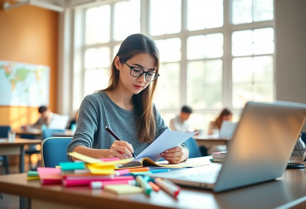 A female student is intently taking notes at her study desk, surrounded by vibrant sticky notes and stationery. Soft, diffused daylight streams through large windows, creating a bright and inviting atmosphere. The composition highlights her concentration, with selective focus making her the center of attention against a blurred background of study materials. The saturated colors emphasize the energy and creativity in her learning space.