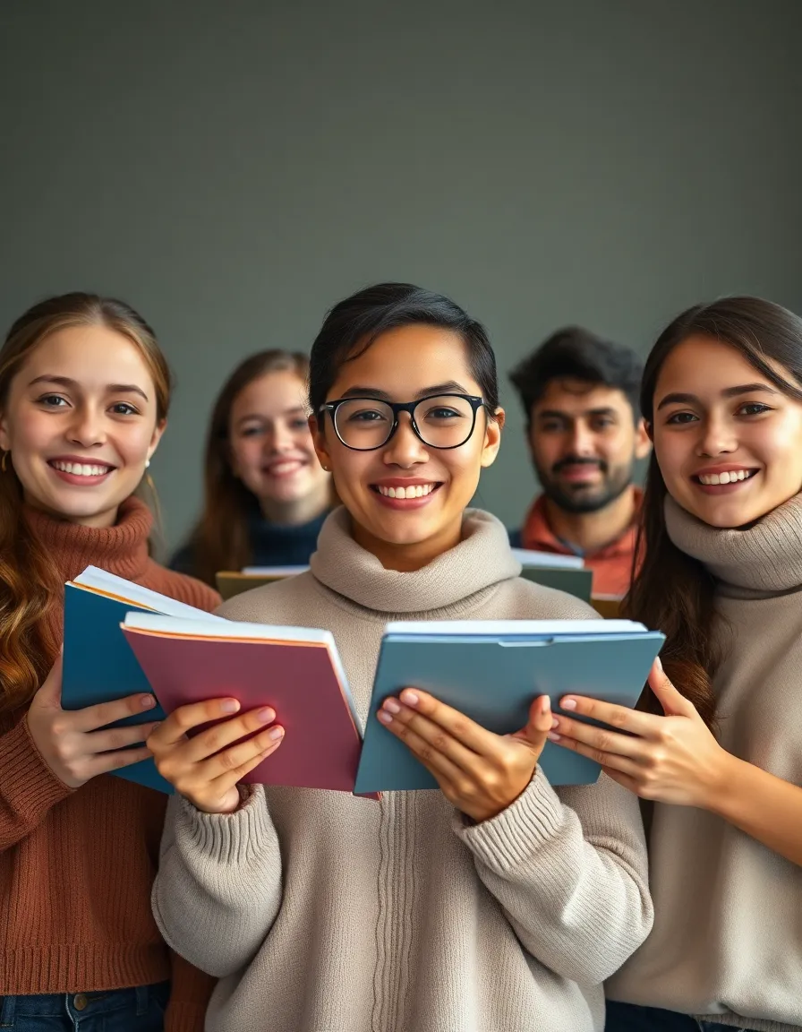 A group of focused students smiling brightly while displaying their study materials in a well-lit study space. The studio lighting accentuates their expressions, creating an inviting atmosphere. Each student showcases a distinct style with various textures in their clothing, adding depth to the composition. The muted color palette and sharp details highlight a sense of camaraderie and the joy of learning together.