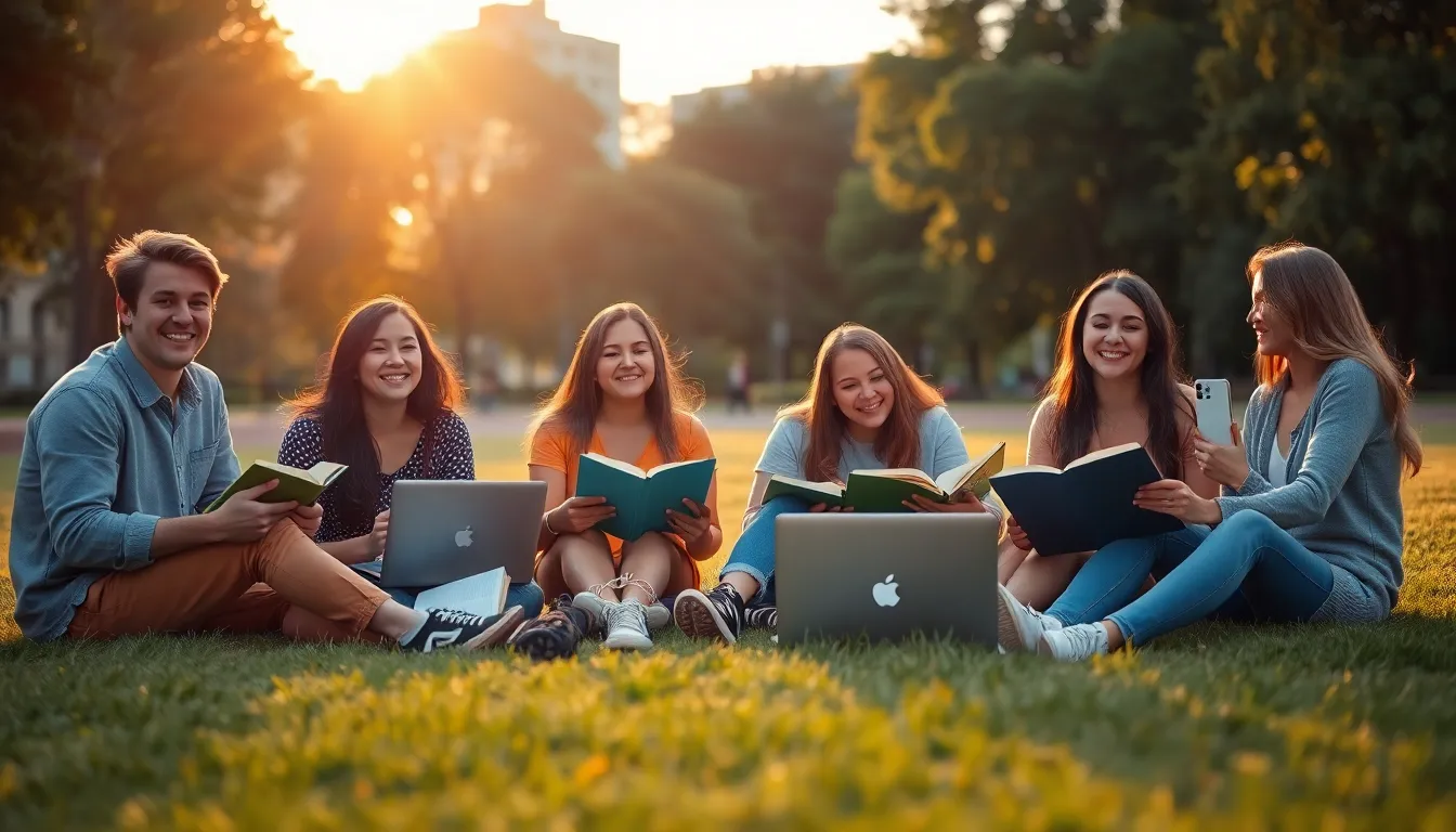 A vibrant scene of students studying together in an urban park during golden hour. The warm backlighting creates an inviting atmosphere, highlighting their joyful expressions as they engage with their materials. The lush green grass contrasts beautifully against their colorful clothing, while soft bokeh enhances the focus on their collaborative spirit. This image embodies the perfect blend of nature and education.