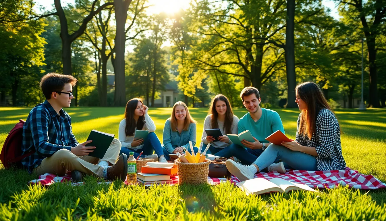 This vibrant outdoor scene features a lively group of six college students enjoying a study session on a picnic blanket under the shade of trees. The afternoon sunlight creates a beautiful dappled pattern on the grass, enhancing the cheerful mood. Captured in rich, saturated colors, the scene is filled with textbooks and snacks, emphasizing the blend of relaxation and productivity. Their engaged expressions and casual attire reflect a comfortable learning environment.