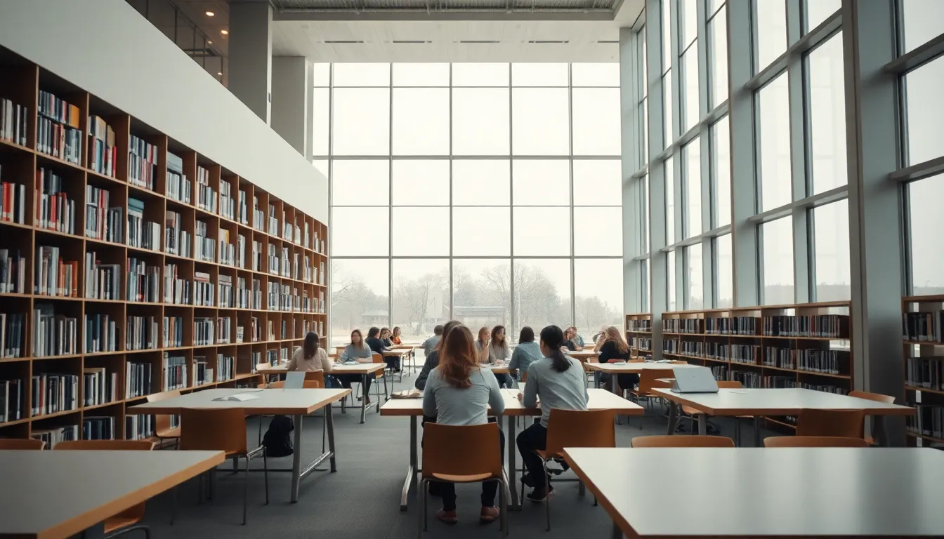 Modern Library Study Group in Action Inside a contemporary library, students are engaged in a dynamic brainstorming session, taking advantage of the overcast light streaming in through expansive windows. The modern architecture and towering bookshelves create an inspiring backdrop for their collaborative efforts. With clarity maintained throughout the scene, the soft natural tones reflect focus and dedication, offering a snapshot of contemporary educational spaces and group work.