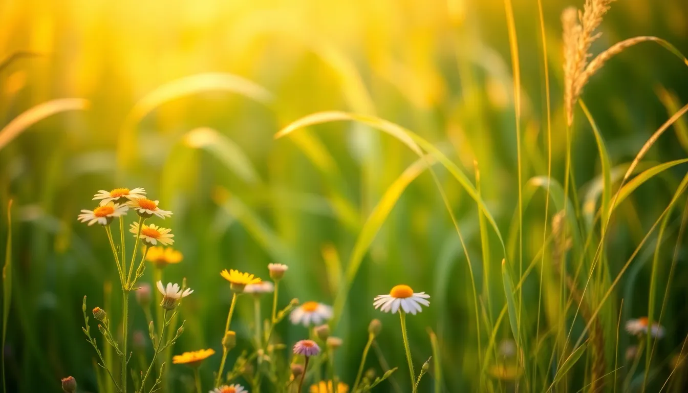 This image captures a stunning summer meadow during the golden hour, where sunlight bathes the scene in warm hues. Vibrant wildflowers bloom amidst swaying grass, creating a tranquil atmosphere that beckons outdoor exploration. The shallow depth of field highlights the intricate details of the flowers while soft bokeh envelops the background in warmth. Ideal for nature lovers and seasonal themes.