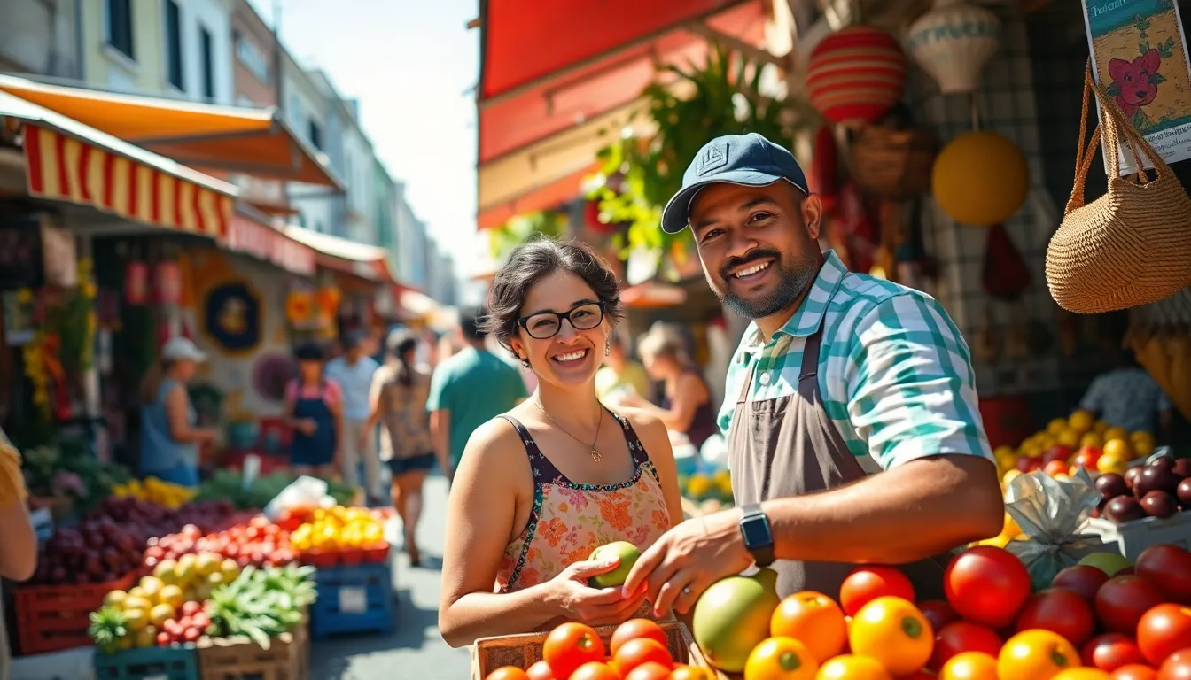 A lively summer street market bustling with activity, showcasing colorful stalls filled with fresh produce and crafts under the bright afternoon sun. A smiling vendor offers fresh fruit, bringing warmth and vibrancy to the scene. The soft focus enhances the lively atmosphere, making it an inviting portrayal of summer culture. This image captures the essence of outdoor community life during the warm months.