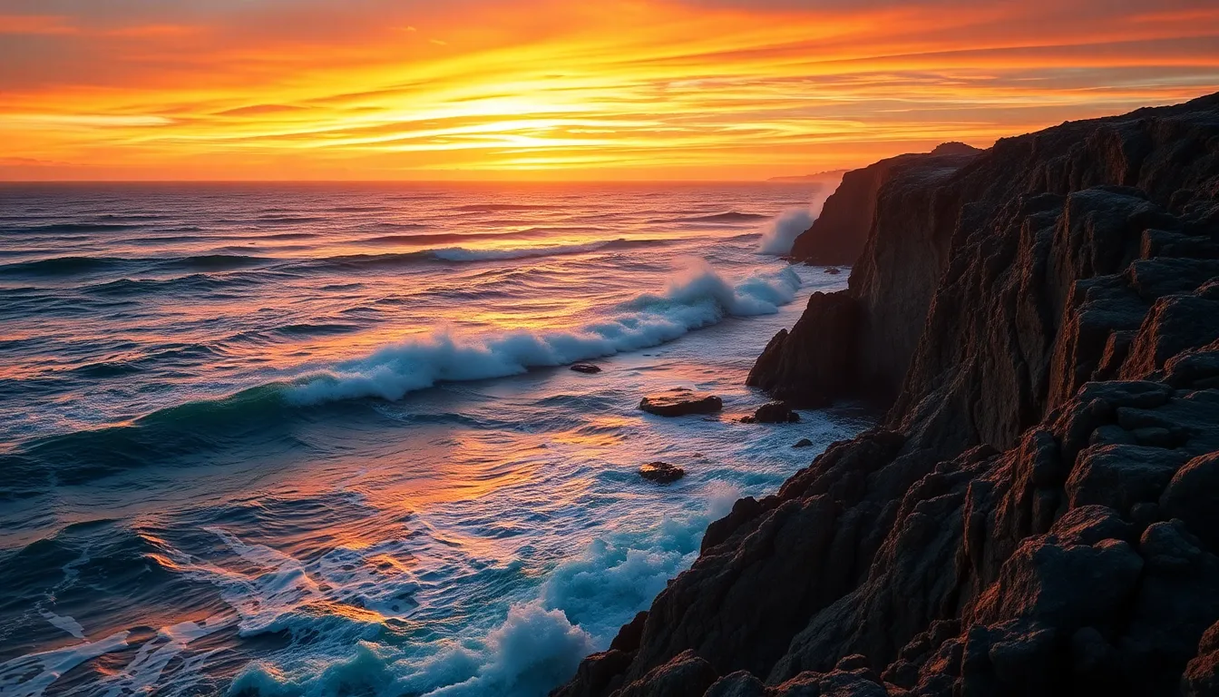 This breathtaking image captures a dramatic coastline during sunset, where fiery clouds reflect on crashing waves. The rugged cliffs stand tall against the vibrant colors of the sky, accentuated by deep shadows from the warm light. Leading lines draw the eye toward the horizon, enhancing the sense of vastness. Perfect for travel and nature enthusiasts.