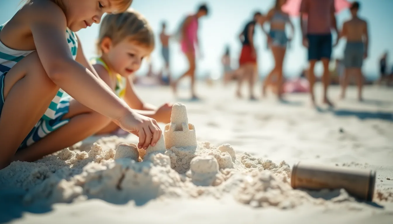 An enchanting beach scene where children joyfully build sandcastles under bright daylight, their laughter filling the air as they create their summer masterpieces. The tilt-shift effect adds a playful quality, drawing focus to the children while gently blurring beachgoers in the background, enhancing the sense of movement and fun. The natural pastel color tones evoke cheerful summer vibes, making this image a perfect fit for family-centric or vacation-themed content. A delightful capture of childhood summer memories.