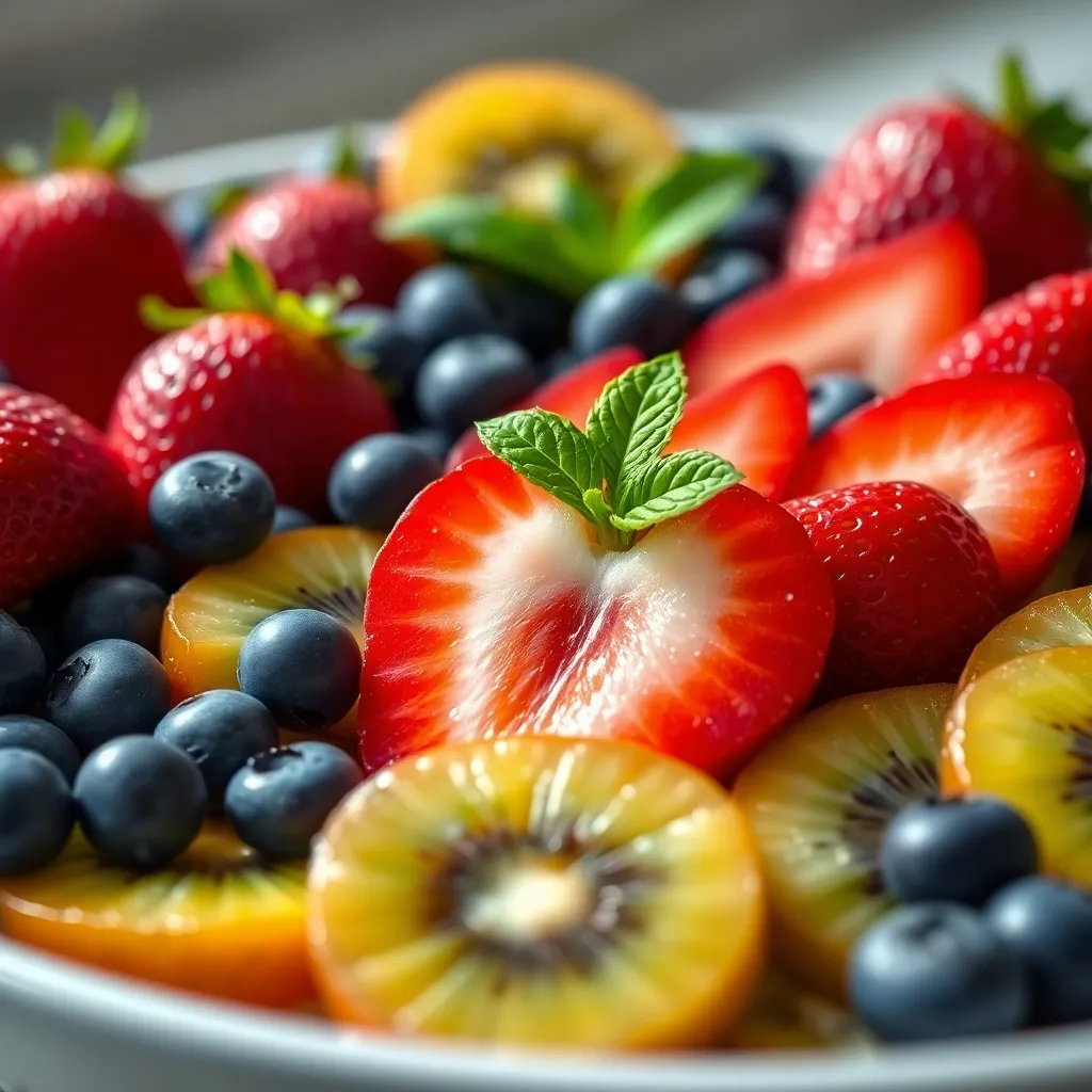 This close-up image showcases a beautifully arranged summer fruit platter featuring juicy strawberries, blueberries, and refreshing kiwi slices. Natural light accentuates the vibrant colors and textures, making the fruit appear incredibly fresh and appealing. The shallow depth of field creates a soft background, allowing the viewer to focus on the delectable details of the fruits. Ideal for food and summer-themed content.