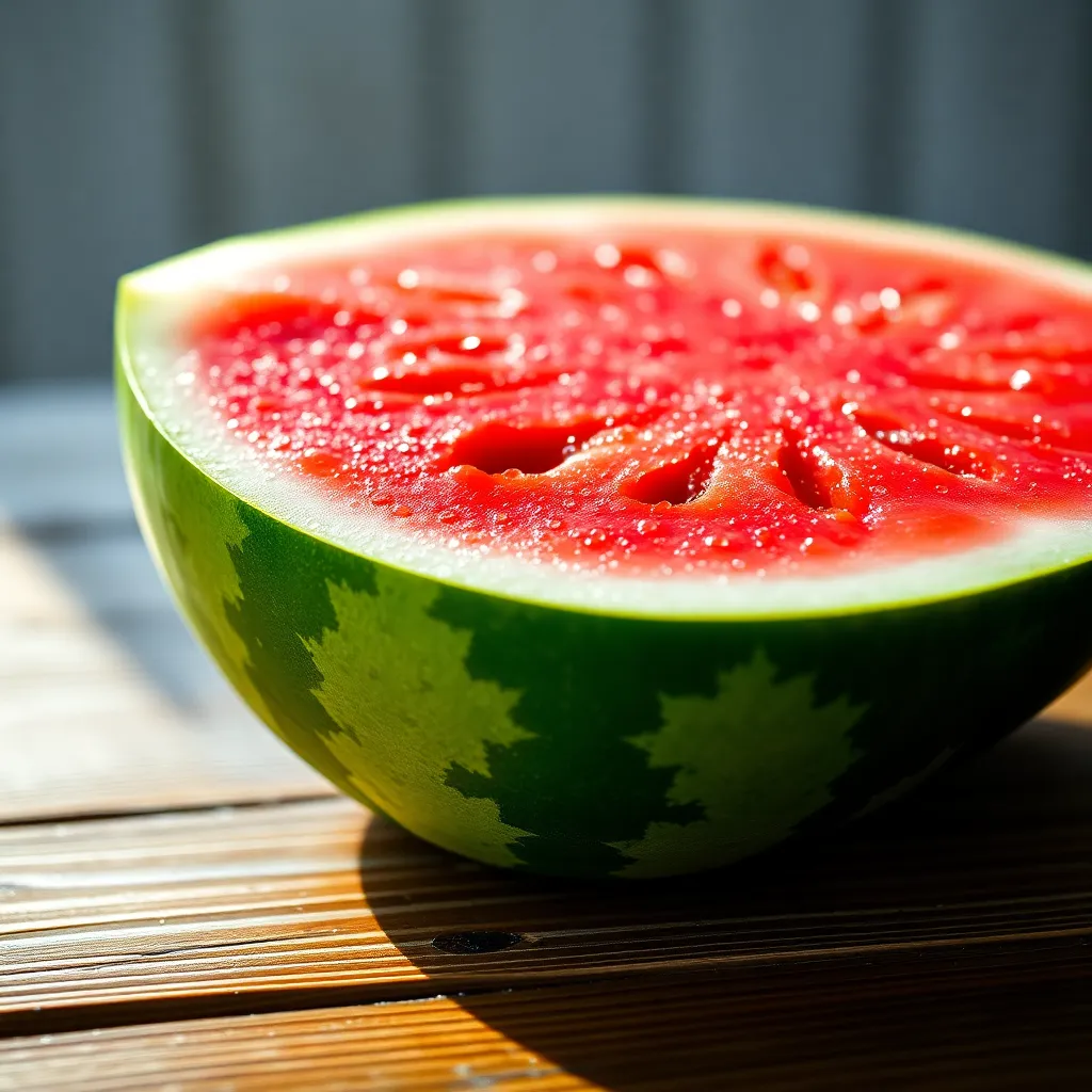 A tantalizing close-up of a freshly cut watermelon slice, showcasing its juicy red flesh illuminated by morning light. Dew drops glisten on the surface, enhancing its freshness against a rustic wooden table backdrop. The soft focus on the background draws attention to the vibrant colors and textures, embodying the essence of summer's bounty. This image captures a refreshing moment ideal for seasonal culinary themes.