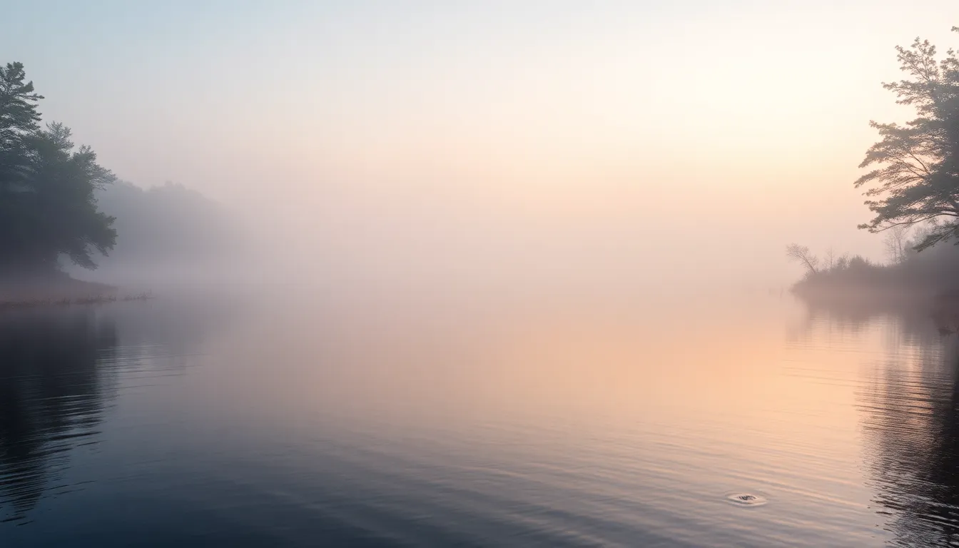 This serene image captures a peaceful summer lake at dawn, enveloped in soft mist and bathed in gentle morning light. The water reflects pastel colors of the sky, creating a calming visual experience. Framed by trees on either side, the composition emphasizes the tranquility of the moment, inviting viewers to escape into nature's embrace. Ideal for peaceful landscapes and serene environments.