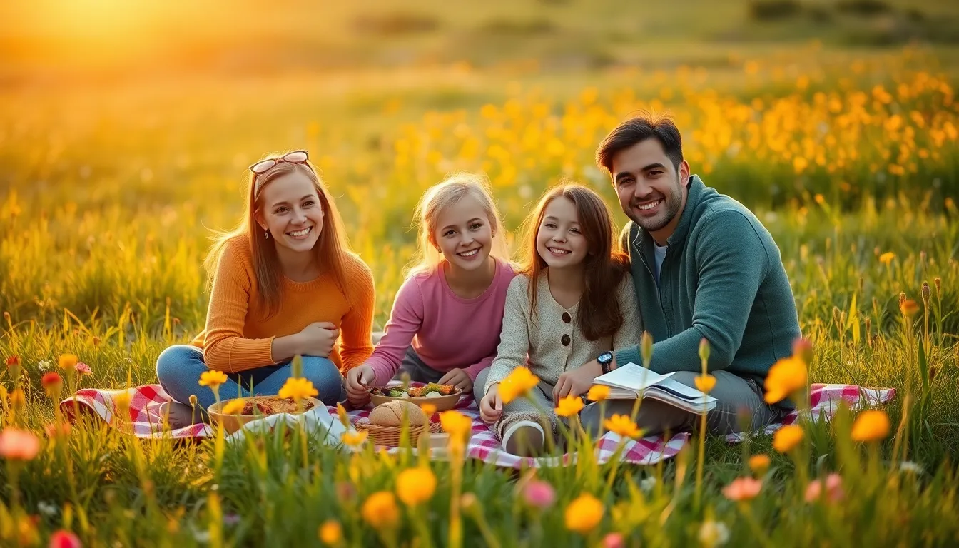 A joyful summer picnic scene featuring a family enjoying a vibrant spread on a grassy meadow, surrounded by colorful wildflowers. The golden hour light bathes the scene in warmth, accentuating the happiness of the moment. Soft focus on the surrounding blooms enhances the intimacy of the family gathering. This image captures the essence of summer leisure and togetherness.