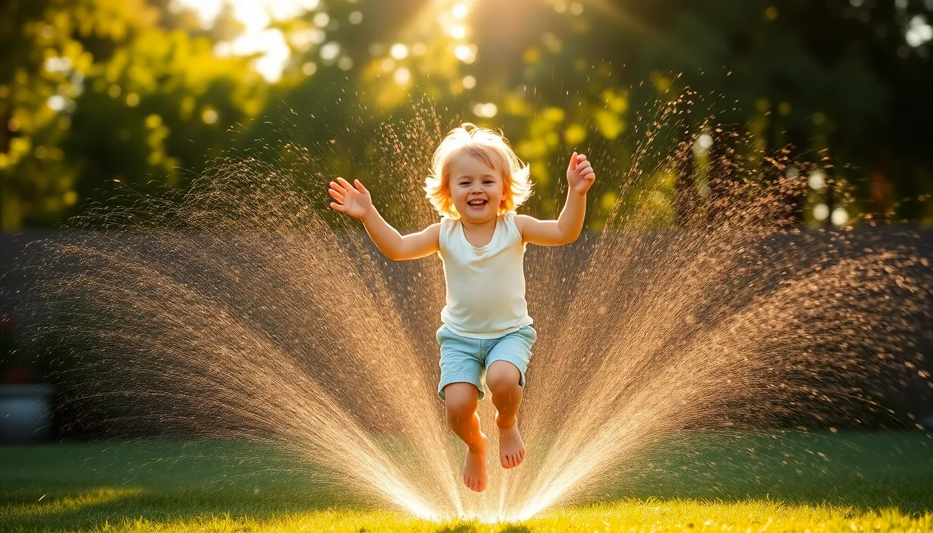 Child Playing in Sprinkler on Summer Day