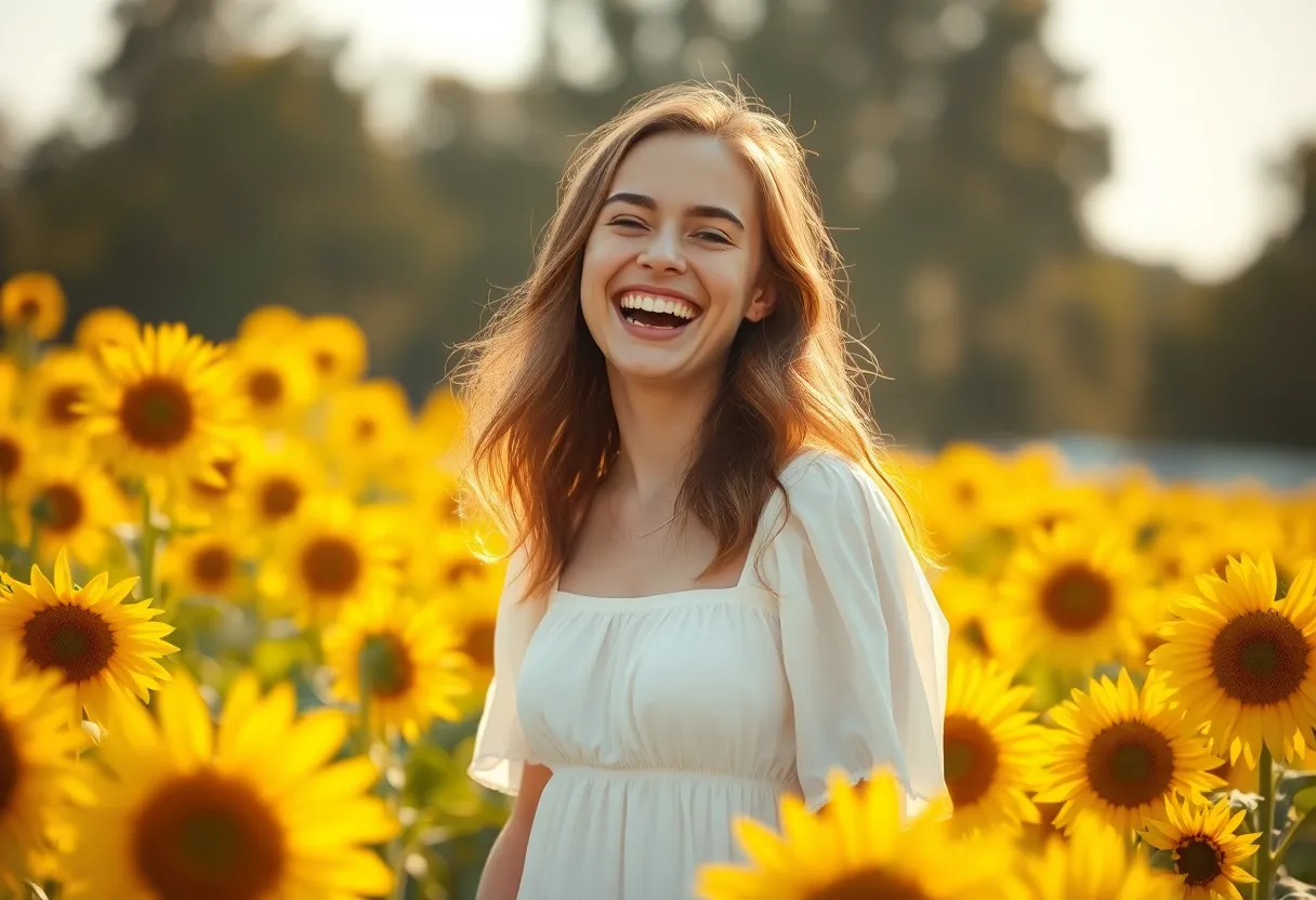 This vibrant image depicts a young woman in a flowing white dress, joyfully laughing amidst towering sunflowers on a sunny summer day. The warm afternoon light creates a magical atmosphere while illuminating her features and hair. The shallow depth of field ensures the sunflowers form a beautiful bokeh background, enhancing her radiant expression. Perfect for summer and lifestyle themes.