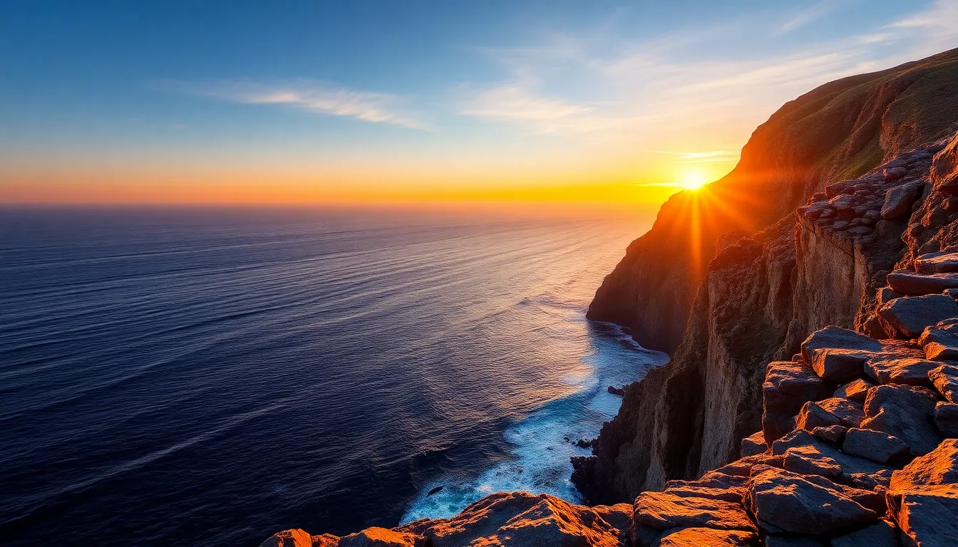 Dramatic Sunset Over Rugged Coastline This breathtaking landscape captures the raw beauty of a sunset over a rugged cliff, where warm golden hour light contrasts against the cool ocean below. The colors create a harmonious interplay of rich purples and vibrant blues, reflecting the sky's drama. A centered composition emphasizes the natural power of the landscape, with intricate textures in the cliff and rolling waves enhancing the realism. This image is perfect for coastal or adventure-themed projects.