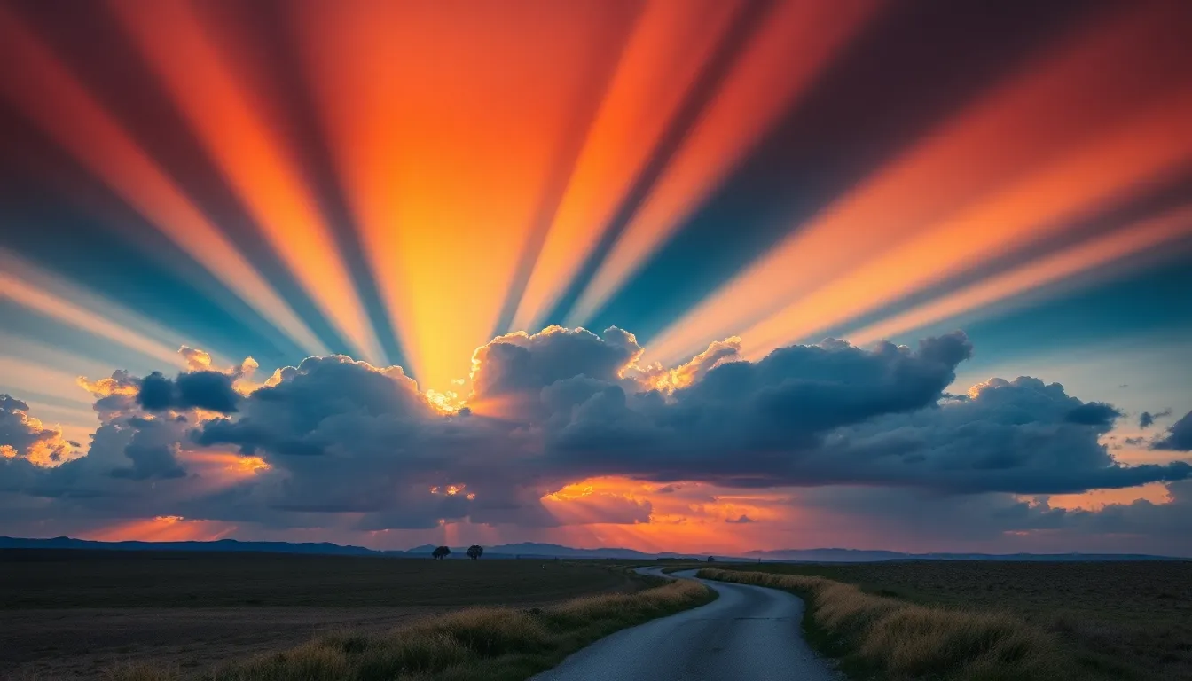 This stunning sunset scene features dramatic sunbeams piercing through clouds, creating a breathtaking display of colors. The vibrant oranges and deep blues are reminiscent of a painted sky, inviting viewers to explore the winding path leading toward the horizon. Captured with hyperfocal focus, every detail from the foreground to the distant mountains is sharp and vivid. This image captures the awe-inspiring beauty of nature at the day's end.