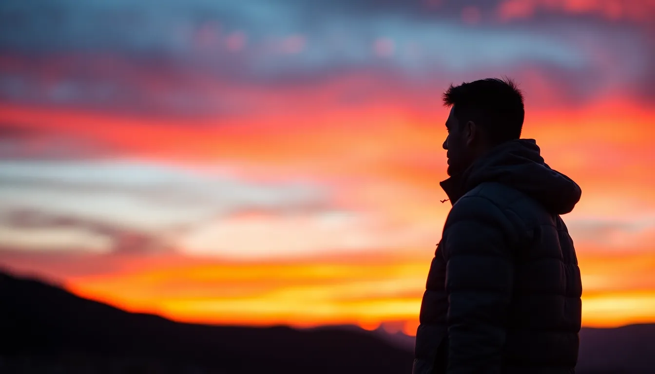 A breathtaking image of a lone hiker silhouetted against a stunning sunrise, capturing the essence of adventure and solitude. Vibrant hues of orange and purple stretch across the sky, reflecting a peaceful morning atmosphere. The subject, framed in the lower right third, stands atop a rocky outcrop, showcasing detailed textures of their adventurous attire. This photograph evokes feelings of freedom and inspiration, ideal for any nature enthusiast.