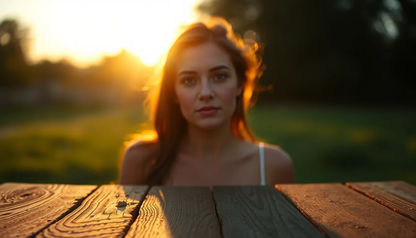 This serene image captures a golden hour landscape with a dew-laden grass foreground illuminated by warm backlight. The soft bokeh in the background enhances the peaceful mood, while weathered oak texture adds depth. The warm color palette evokes feelings of tranquility and nostalgia, perfect for nature lovers. An inviting symmetrical composition draws the eye into the calming scene.