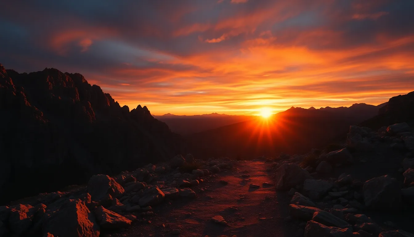 Dramatic Sunset Over Rugged Mountains An awe-inspiring sunset painting the sky in rich oranges and purples over a rugged mountain landscape. The golden hour light casts soft shadows, highlighting the texture of the rocky terrain and creating an inviting atmosphere. A winding trail in the foreground leads the viewer's eye toward the majestic peaks, symbolizing adventure and exploration. This striking image effectively captures the beauty and drama of nature at dusk.