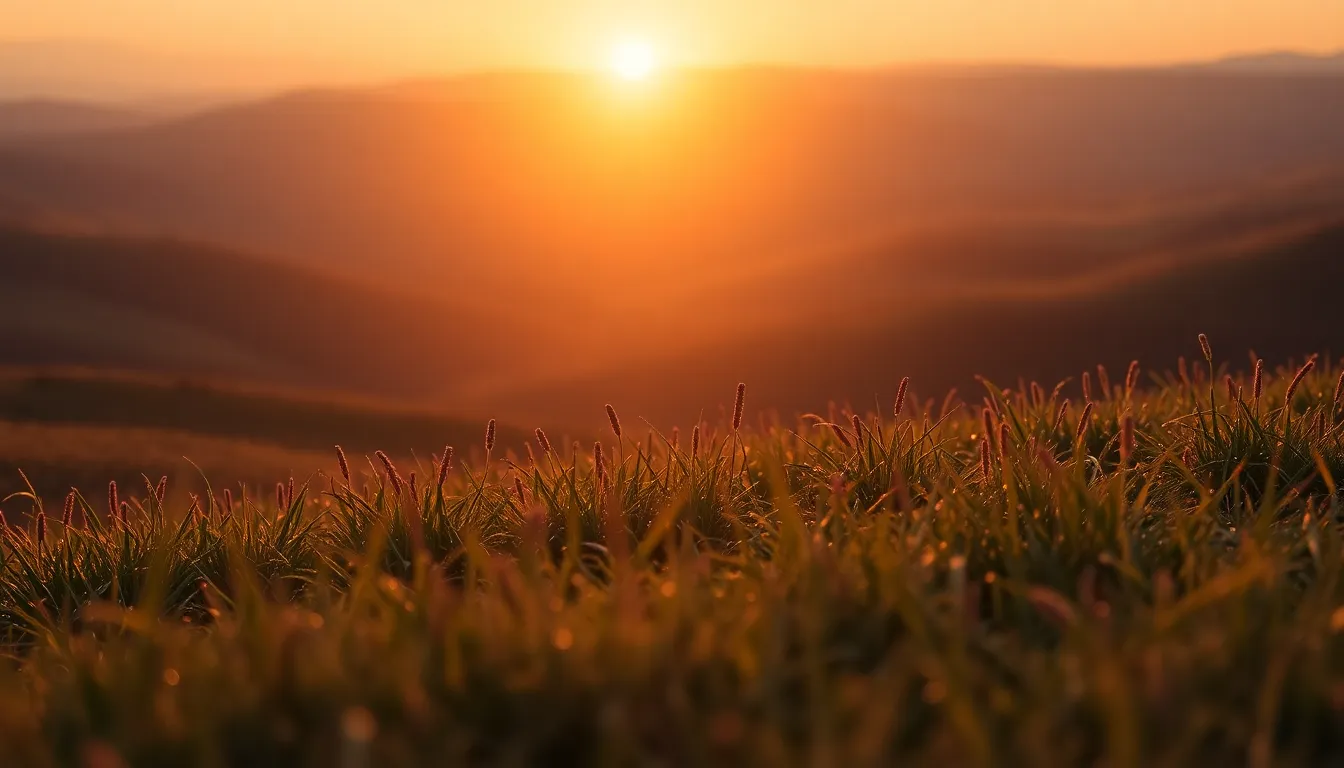 A breathtaking sunrise scene over rolling hills, captured in warm golden hues. The soft sunlight bathes the landscape, creating gentle shadows and highlights. The foreground features dew-laden grass, enhancing the natural beauty of the setting. Leading lines of the hills guide the viewer's gaze toward the vibrant sun emerging on the horizon, evoking a sense of peace and tranquility.