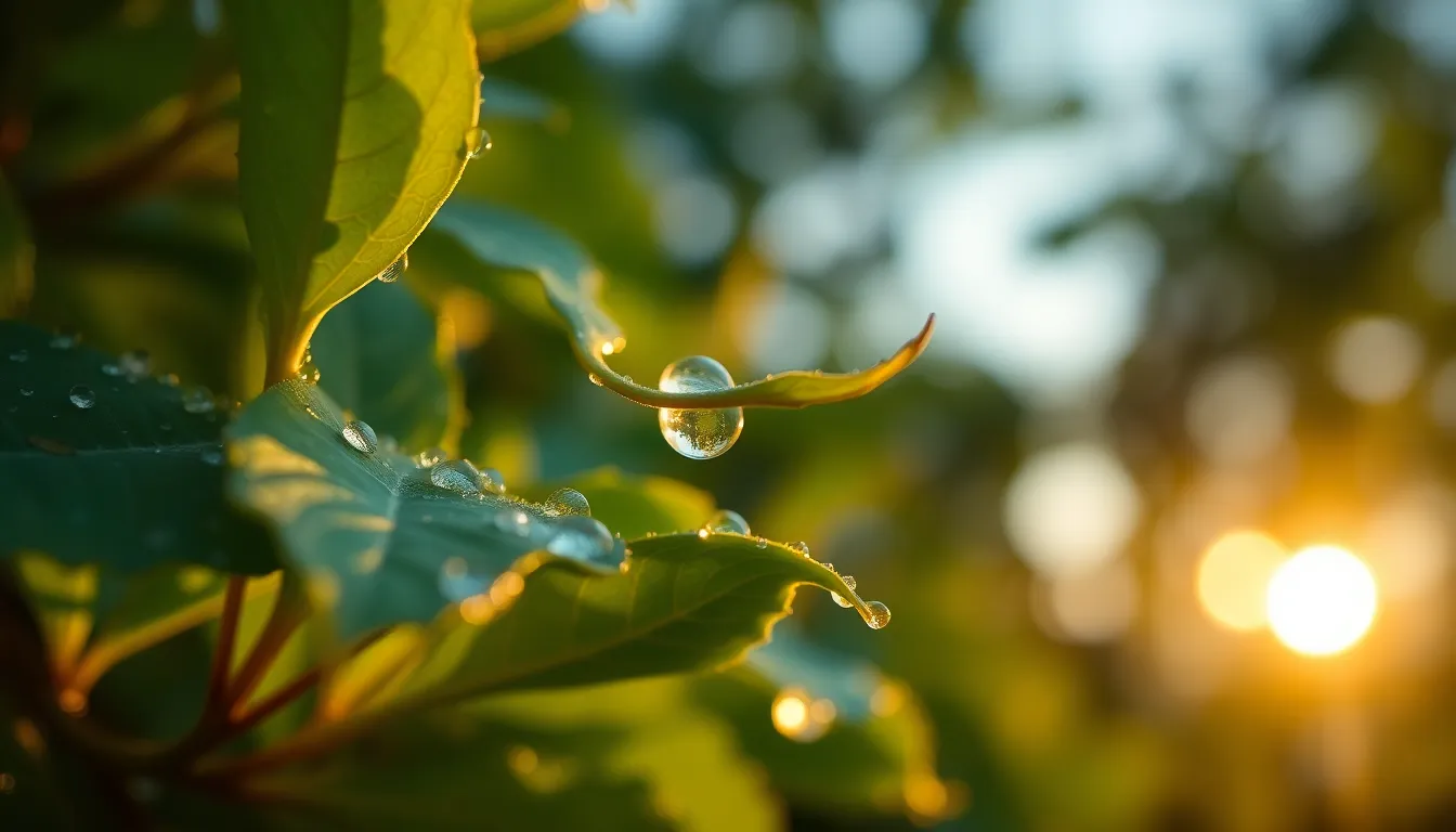 Close-Up of Dew-Kissed Leaves at Sunrise An enchanting close-up image showcasing dew-covered leaves illuminated by the soft, warm light of sunrise. Each droplet reflects the golden hues, enhancing the vivid green of the foliage. The macro perspective reveals intricate textures and details, inviting viewers to appreciate the beauty of nature up close. The gentle bokeh background adds depth while maintaining focus on the leaves, creating a harmonious and tranquil scene.
