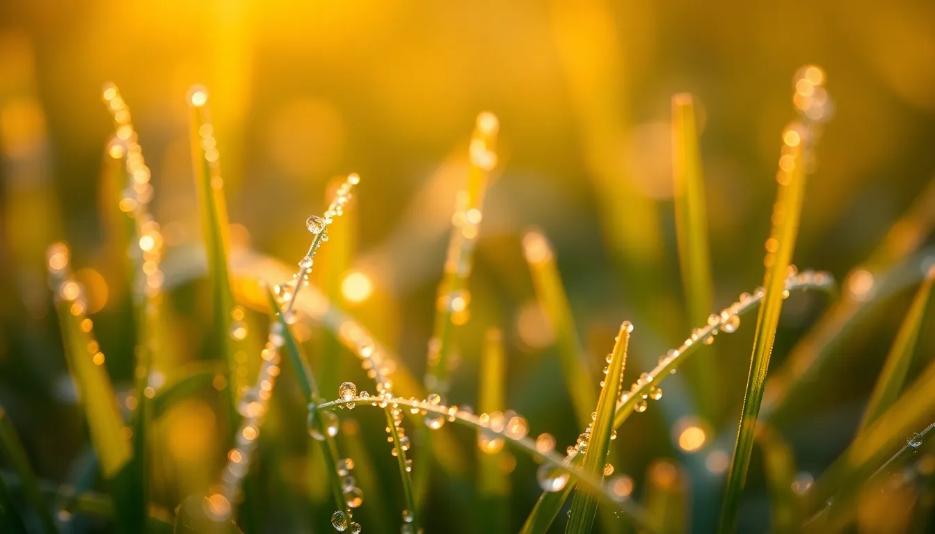This enchanting close-up captures dew-covered grass blades illuminated by the warm glow of the sunrise. Each droplet sparkles like crystal, creating a magical effect as light filters through them. The soft greens of the grass contrast beautifully with the golden hues, suggesting freshness and renewal. This detailed composition highlights the intricate textures of nature, inviting viewers to appreciate the delicate beauty found in everyday moments.