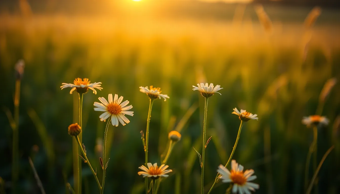 This enchanting image presents dew-kissed wildflowers in a golden field at sunset. The warm light casts a gentle glow on the flowers, emphasizing their delicate textures and colors. The background recedes softly, allowing the blossoms to stand out prominently. A serene atmosphere pervades the scene, inviting viewers to appreciate the beauty of nature at dusk.