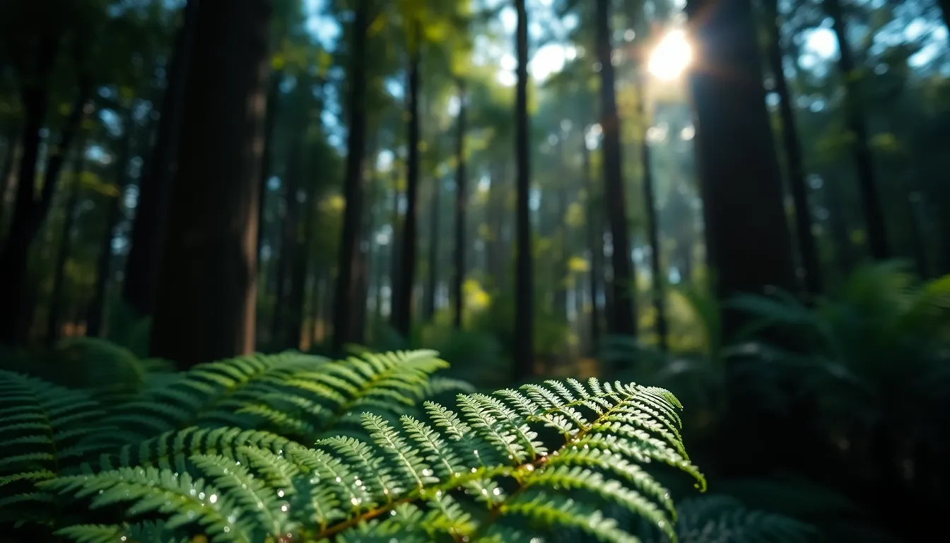 This captivating image presents a lush forest scene at sunrise, where dappled sunlight creates enchanting bokeh highlights among the trees. The saturated colors inspired by Fujifilm Velvia enhance the rich greens and deep blues, while the shallow depth of field accentuates the dew-kissed fern leaves in the foreground. The leading lines of tree trunks guide the viewer into this serene woodland awakening.