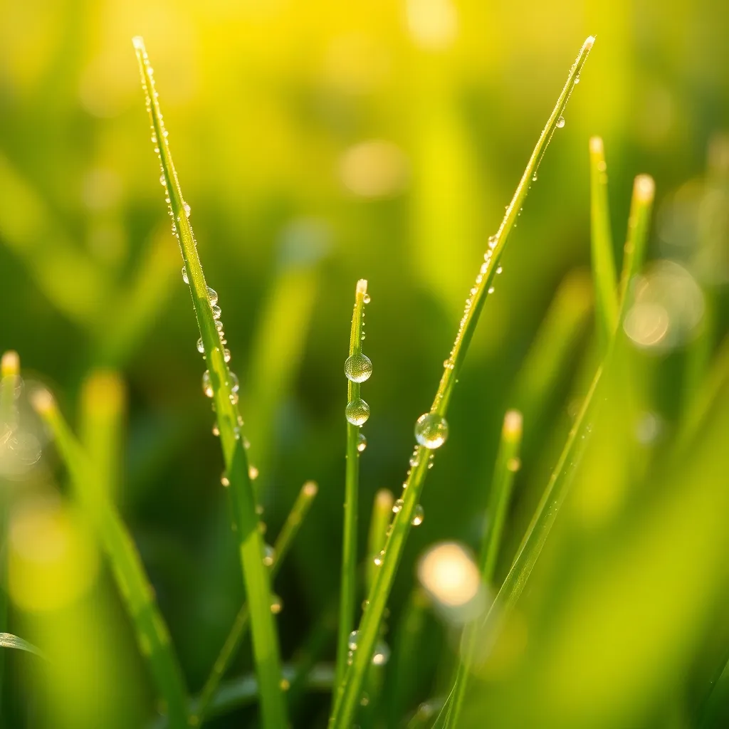 Immerse yourself in the intricate beauty of dew-covered grass captured at sunrise. The soft daylight illuminates each droplet, creating a magical sparkle that celebrates the freshness of the morning. This close-up image reveals the rich textures of the grass blades, enhancing the feeling of tranquility and connection to nature. With its vibrant greens and intimate composition, this photograph draws viewers into a peaceful moment of natural splendor.