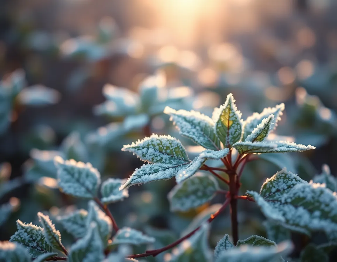 This image captures the delicate beauty of frost-covered leaves at dawn, illuminated by soft early morning light. The intricate details of each frost crystal are highlighted, creating a dreamy, ethereal quality. The use of warm tones and creamy highlights adds a cozy feel to the image. The composition, with leaves placed according to the rule of thirds, draws the viewer's eye to the intricate textures and the gentle ambiance of the morning.