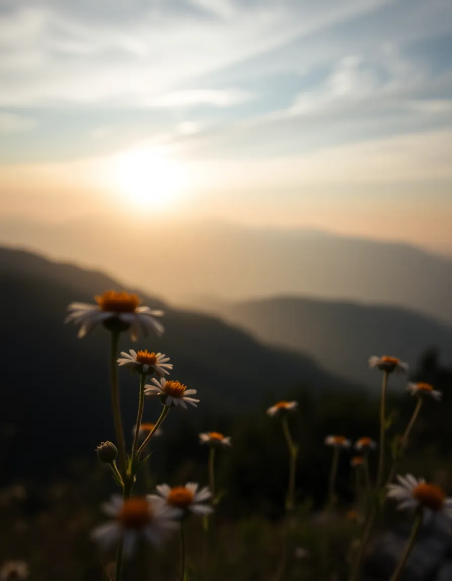 Experience a tranquil sunrise over a misty mountain range, where soft dappled sunlight breaks through wispy clouds. The scene is anchored by delicate foreground flowers, rendered in sharp focus against a dreamy bokeh background. Muted earth tones enhance the peaceful atmosphere, inviting reflection. This image captures the essence of nature's quiet beauty, perfect for those seeking serenity.