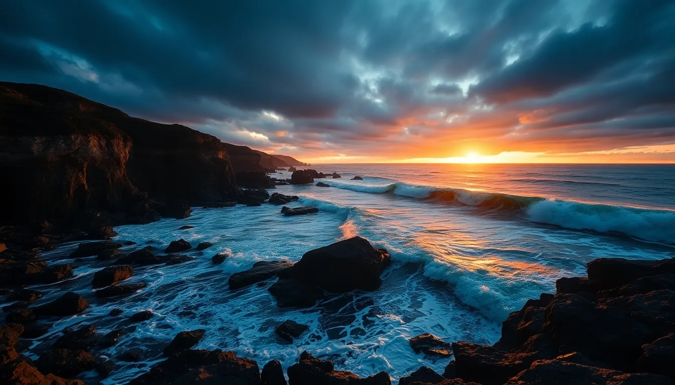 An awe-inspiring image of a rugged coastline at sunset, where powerful waves crash against towering cliffs beneath a brooding sky. The vibrant contrast of deep blues and fiery oranges captures the raw beauty of nature. This photograph evokes feelings of adventure and awe, making it suitable for travel and nature enthusiasts seeking dramatic landscapes.