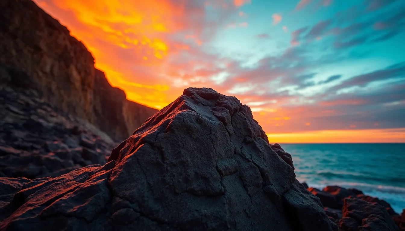 This striking sunset scene captures the dramatic interplay of land and sea from a cliff's edge. The vibrant colors of the sky, inspired by Fujifilm Velvia, contrast beautifully with the rich textures of the rocky foreground. Warm light casts long shadows, enhancing the rugged beauty of the cliff. The Dutch angle of the composition adds a dynamic element, evoking a sense of adventure and awe.