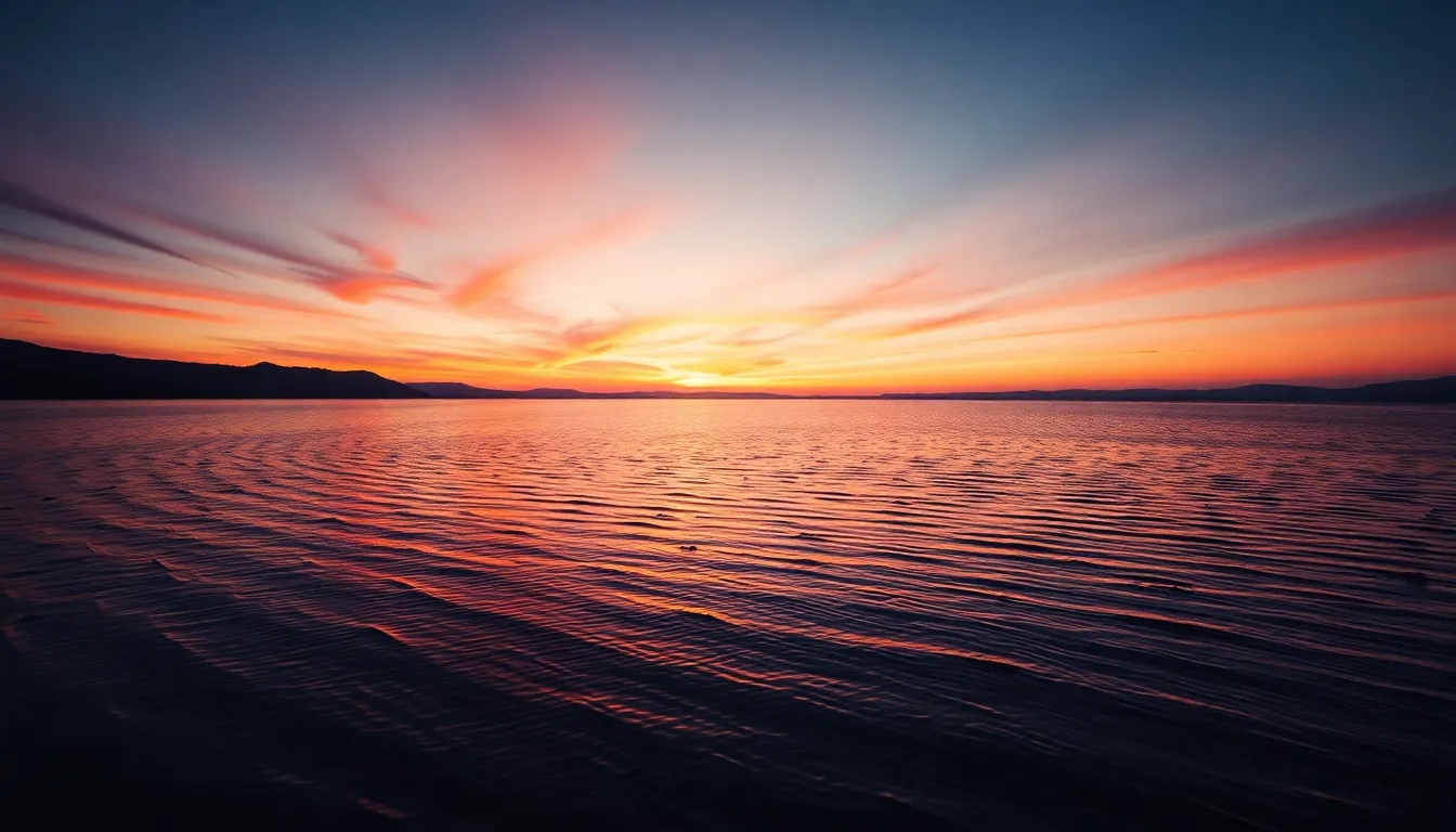 This stunning image captures a tranquil lake at sunset, where the vibrant hues of the sky are mirrored perfectly in the water. The warm rim light creates a soft glow that enhances the natural, muted tones of the scene. With a centered composition focusing on the reflection, delicate ripples add texture, inviting viewers to immerse themselves in this serene moment.