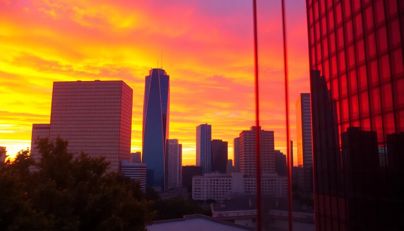 Experience the dynamic beauty of a city skyline captured at sunset, where the vibrant colors of the sky reflect off modern steel and glass structures. The warm hues of gold and pink contrast with the cool blues of the buildings, creating a captivating urban landscape. This photograph's unique angle adds a sense of excitement, inviting viewers to feel the energy of the city as day transitions to night.