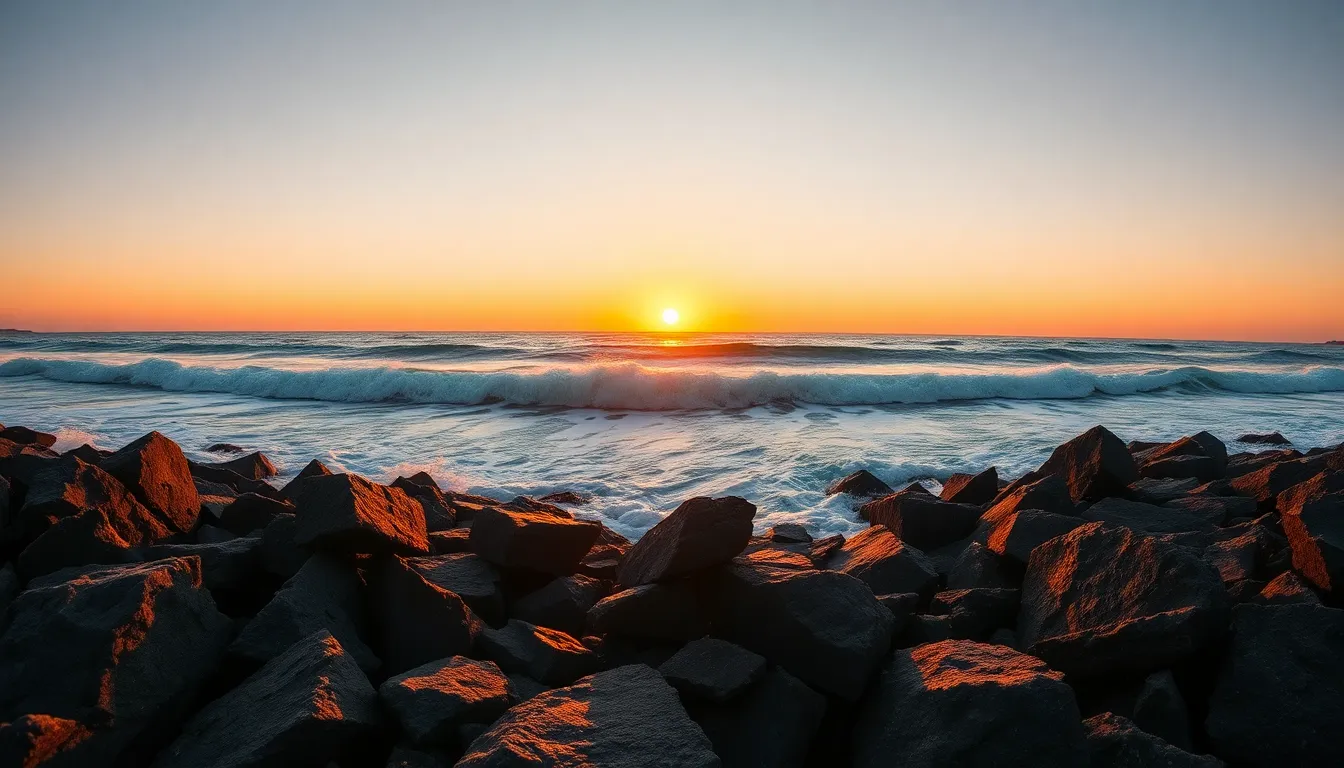 This breathtaking panoramic image showcases a vibrant sunset over a rocky coastline, with waves crashing dramatically against the shore. The sky is filled with rich hues of orange and pink, beautifully reflecting on the water's surface. The panoramic view captures both the foreground rocks and the distant horizon, all in sharp focus. Leading lines formed by the shoreline draw the viewer's eye toward the sun, completing this stunning natural landscape.