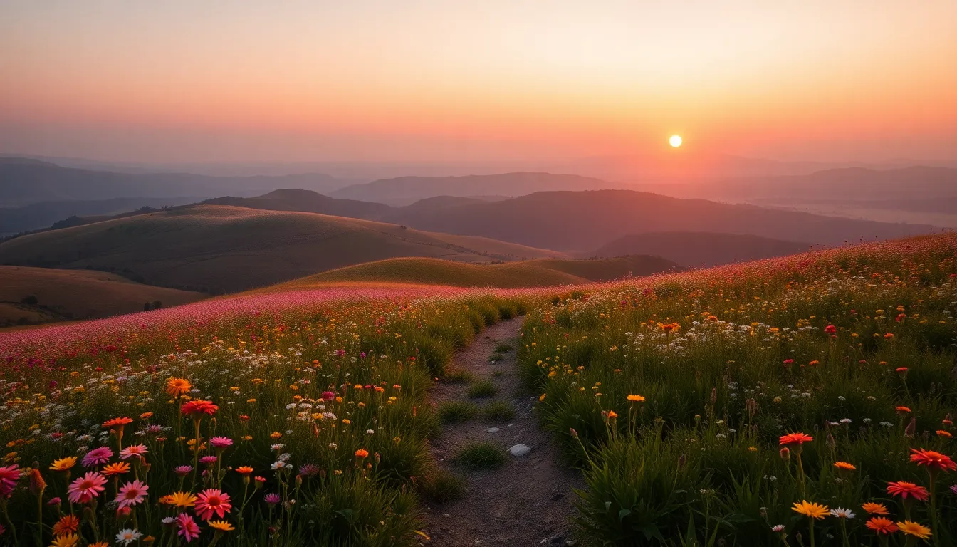 Delight in the vibrant colors of a sunrise that paints the rolling hills covered in bright wildflowers. The soft morning light creates a warm glow, enhancing the beauty of the landscape while shadows reveal intricate textures in the terrain. A winding path leads through the blooms toward the sun, inviting viewers to step into this idyllic scene of natural beauty and tranquility, perfect for any nature enthusiast.