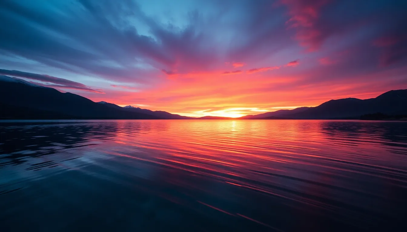 This captivating sunset scene showcases a tranquil lake reflecting the vibrant hues of a fiery orange and purple sky. The calm water mirrors the dramatic colors, creating a symmetrical composition that draws the viewer in. Textured ripples add dynamism, while distant mountains set a tranquil backdrop. The warm tones evoke a sense of serenity, inviting contemplation and appreciation of nature's beauty.
