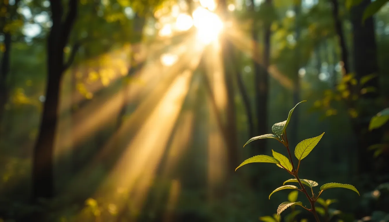 A captivating forest scene bathed in the soft light of sunrise, showcasing a dew-kissed leaf that glistens in the morning mist. Dappled sunlight filters through the canopy, creating enchanting bokeh effects throughout the lush greenery. This tranquil image emanates a sense of calm and freshness, making it an ideal visual for nature lovers and mindfulness themes.