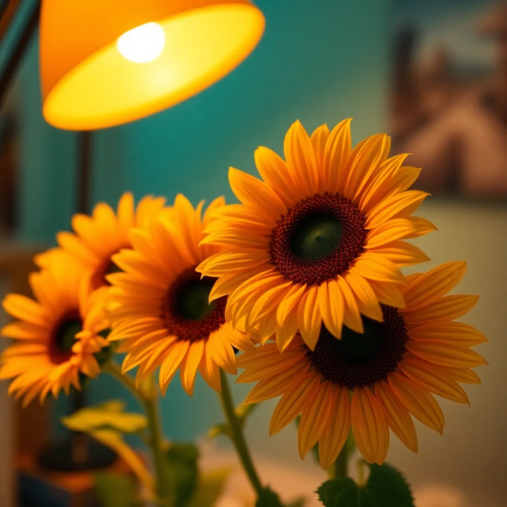 In this intimate close-up, vibrant sunflowers stand out against a softly blurred backdrop illuminated by warm light. The selective focus brings attention to the intricate textures of the petals, while the cinematic teal and orange palette enhances the visual impact. The composition follows the rule of thirds, creating a harmonious balance that invites viewers to appreciate the beauty of summer.