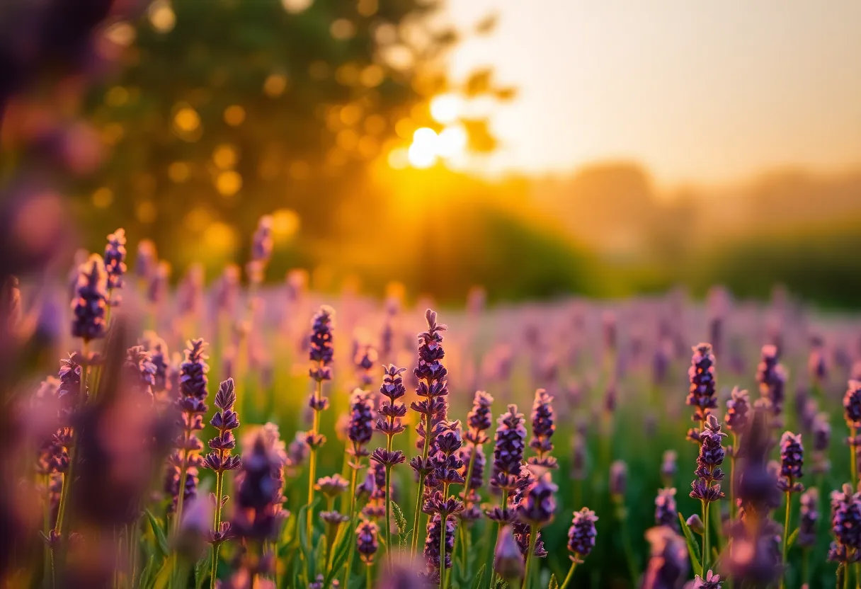Serene Lavender Field at Sunrise This beautiful sunrise captures a field of lavender flowers, illuminated by the soft golden glow of dawn. Wisps of fog hover above the blossoms, enhancing the dreamlike quality of the scene. The vibrant purple of the flowers contrasts beautifully with warm tones in the background, evoking a sense of peace and serenity. The natural arch created by the lavender draws the viewer's eye, making this image perfect for floral or calming themes.