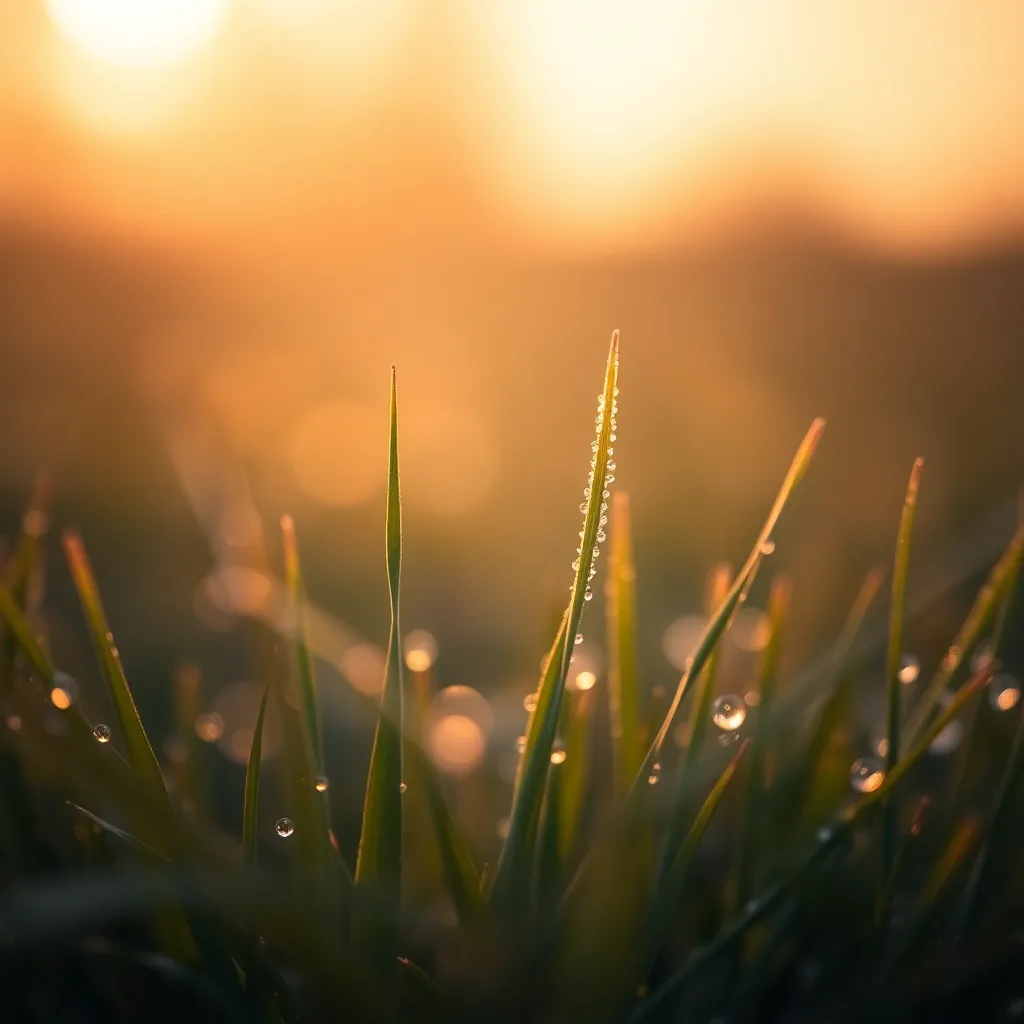 Close-Up of Dewy Grass at Sunrise