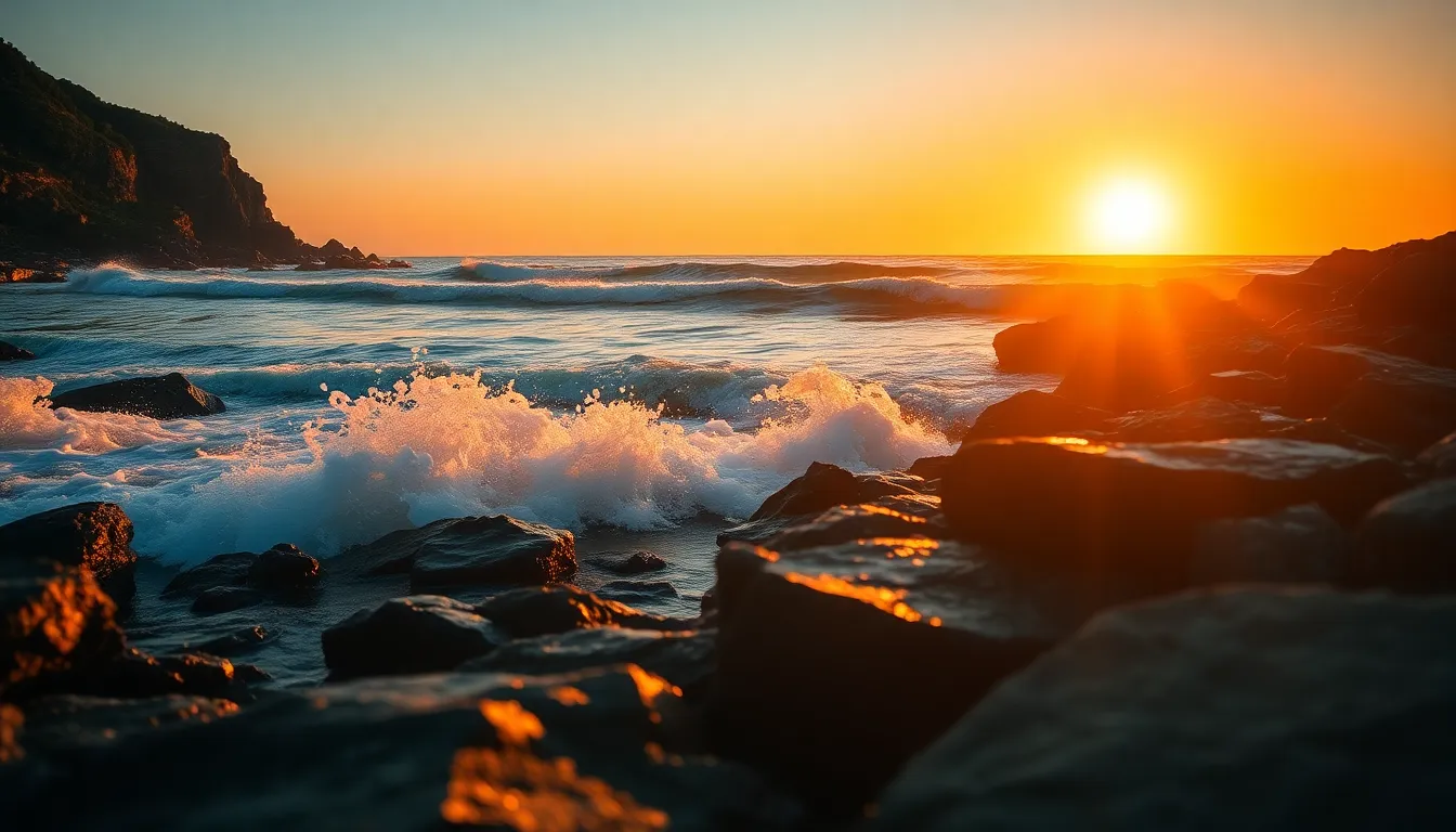 Coastal Sunset with Crashing Waves Experience the drama of a coastal sunset as golden hues illuminate the crashing waves against rugged rocks. The sun's warm glow reflects off the water, creating mesmerizing highlights that capture the dynamic movement of the ocean. With sharp focus on both the foreground and horizon, this photograph draws the viewer into the vibrant scene. The use of leading lines enhances the visual flow, guiding the eye towards the sun's descent and underscoring the beauty of nature's evening spectacle.
