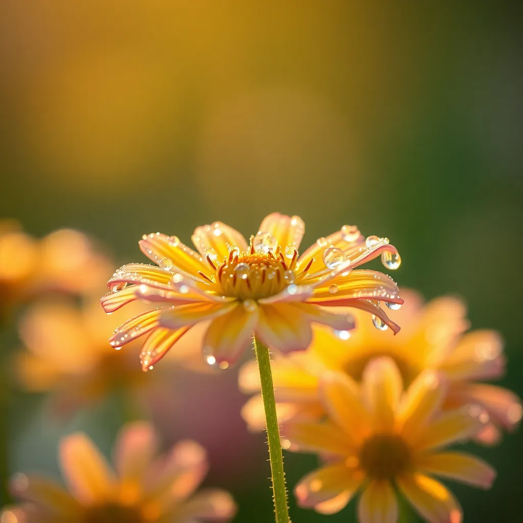 Dew-Kissed Wildflowers at Dawn This enchanting macro shot captures the delicate beauty of wildflowers illuminated by the soft light of dawn. Dewdrops cling to the petals, glistening like tiny jewels, while the warm tones of yellow and pink evoke the freshness of a new day. The shallow depth of field draws attention to the intricate textures of the blossoms, surrounded by a soft, blurred background. This image radiates tranquility and is perfect for floral lovers or nature enthusiasts.