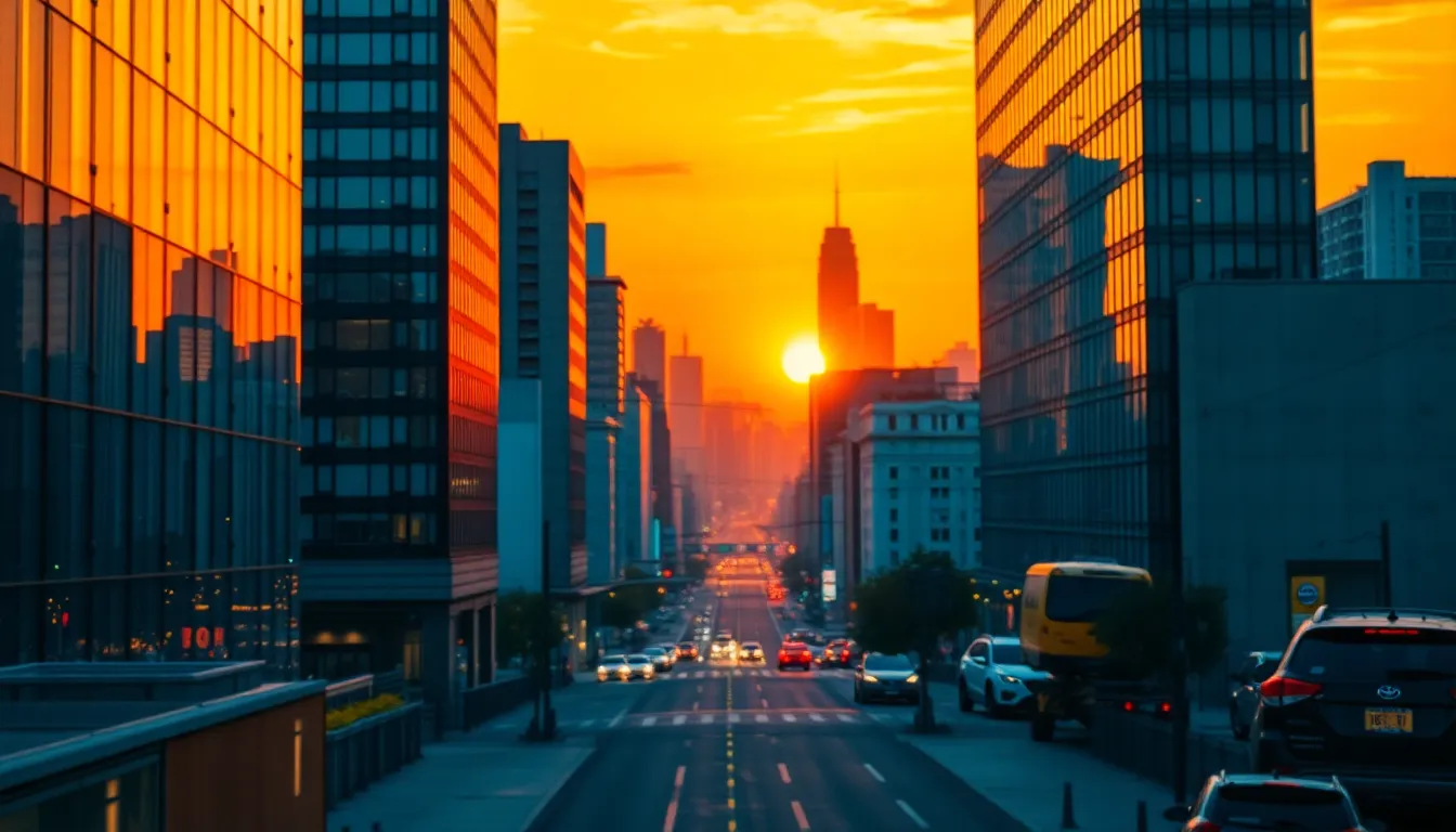 This dynamic image captures a vibrant sunset over a bustling city, where the last rays of sunlight reflect off the glass facades of skyscrapers. The golden light envelops the scene, blending beautifully with cooler tones. The sharp focus on both the street and city buildings creates a sense of depth and scale, capturing the lively atmosphere of urban life at dusk.
