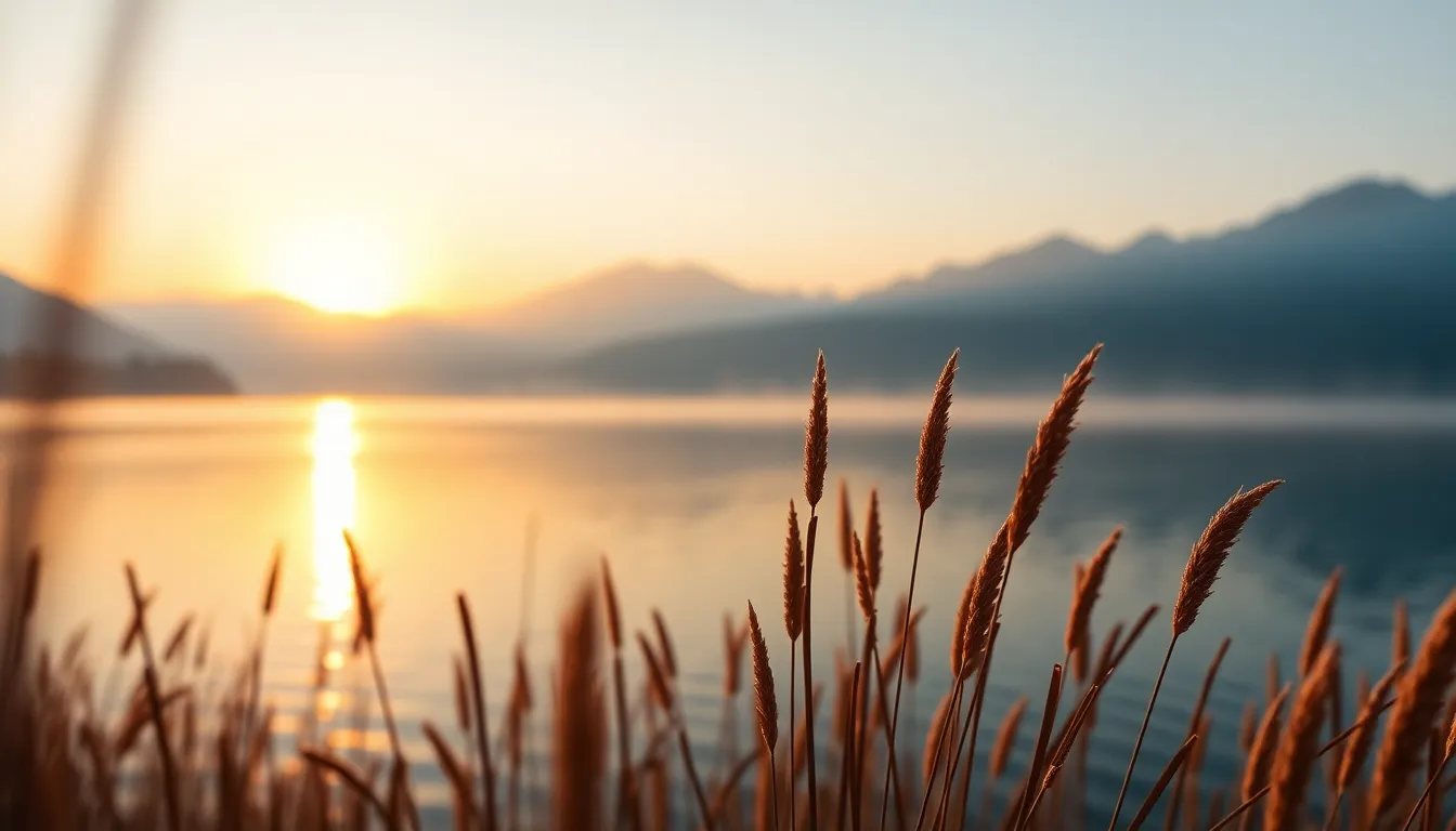 Tranquil Sunrise Over Misty Lake This serene landscape captures the magic of a sunrise over a peaceful lake, surrounded by misty mountains. The soft golden hues of the rising sun reflect beautifully on the water, enhancing the tranquil atmosphere. Wisps of fog add depth as they hover above the surface, with detailed reeds framing the scene in the foreground. The warm color palette evokes a sense of calm, making this an ideal image for nature enthusiasts.